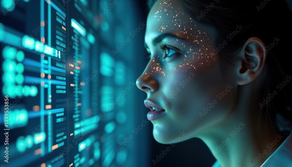 Poster woman examines futuristic tech interface. female face focuses on digital display. lights and data co