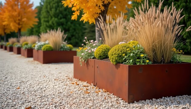 Rusty corten steel flowerbeds line gravel path in garden. Perennial plants in elevated rectangles display autumn colors. Dry grasses, perennials add texture, fall appeal to design. Garden path offers