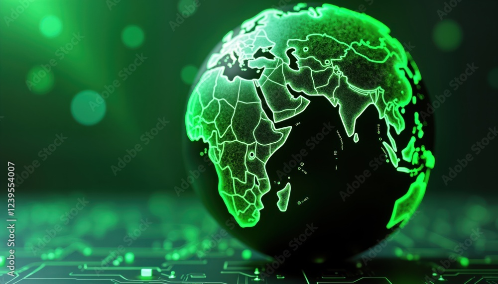Aufkleber futuristic globe glows green with digital circuit board design. global tech innovation concept. eco-