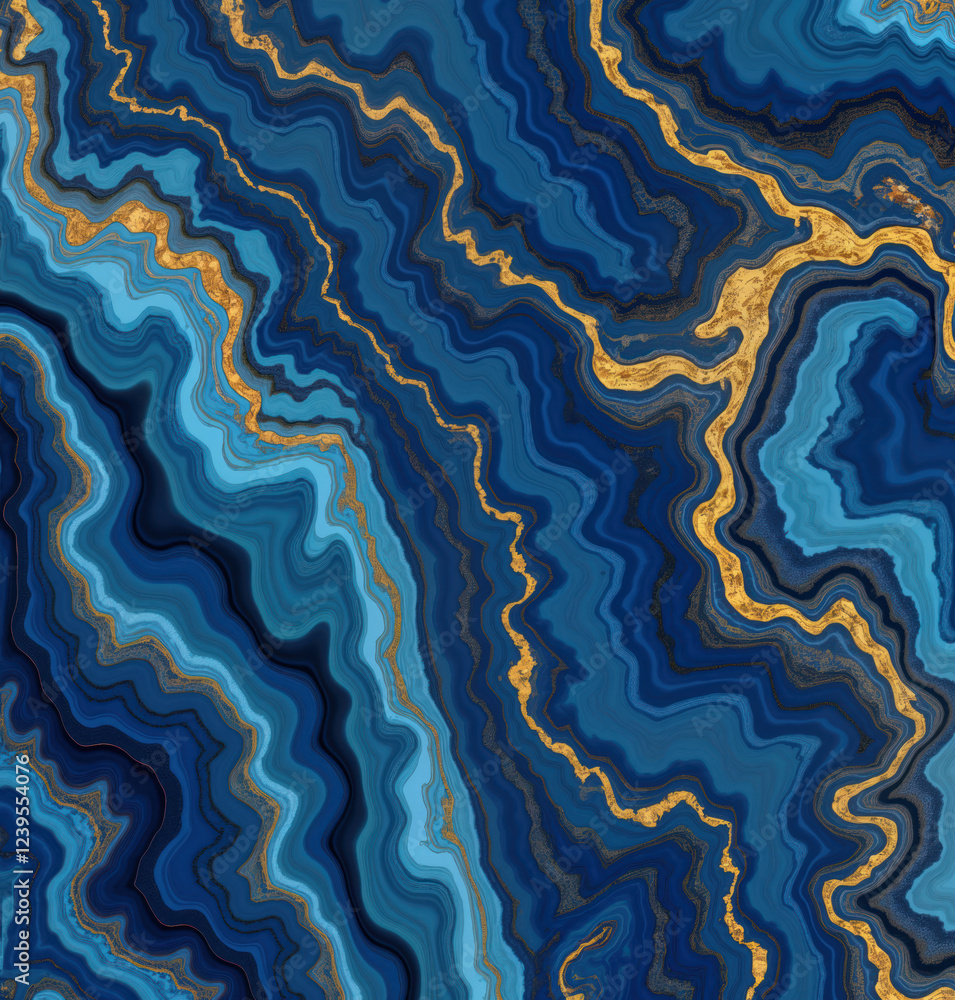 Poster abstract blue, gold marble design. intricate patterns, waves create unique seamless texture. sophist