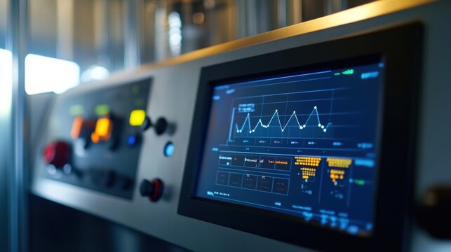 A closeup of a digital control panel displaying live data and settings for the manufacturing process with graphs and metrics related to temperature pressure and curing times prominently