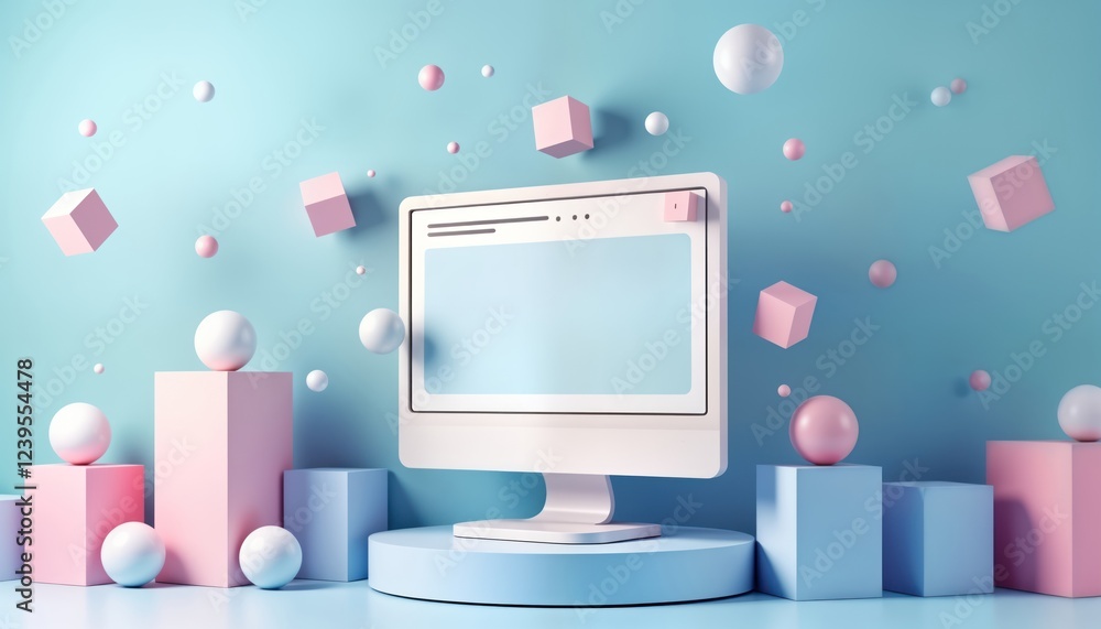 Poster digital display screen shows web page assembly. pastel color modules, spheres float around. modern t