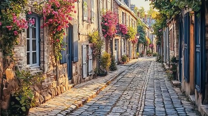 Fototapeta premium International Childrens Book Day Fairy Tales Charming cobblestone street with vibrant flowers.