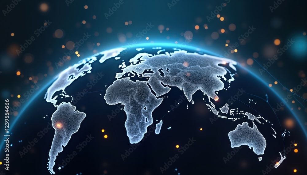Poster global digital network. futuristic tech map of world planet. connections, data transfer between cont