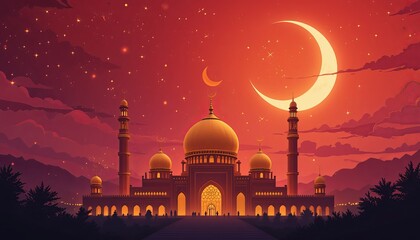 Scenic sunset with a mosque silhouette and crescent moon, creating a calm and spiritual atmosphere symbolizing peace and harmony in Islamic tradition.
