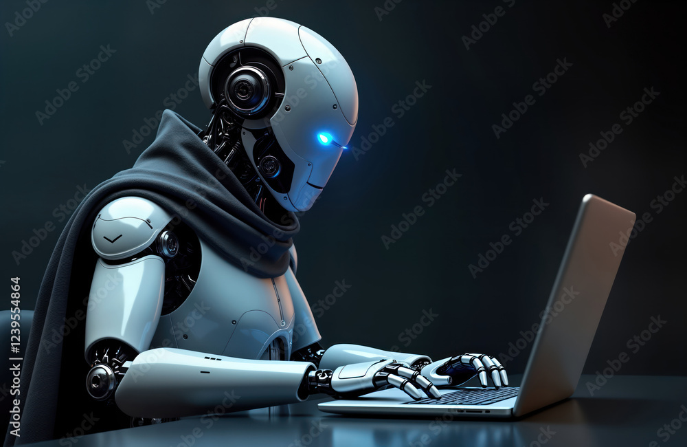 Poster futuristic white robot sits at desk, types on laptop. ai hacker operates online system. modern tech 