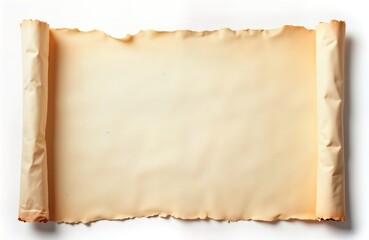 Fototapeta premium Blank parchment scroll. Unfolded ancient document. Simple design on light beige background. Empty template for design. Vintage style with soft light. Aged paper. Natural material. Flexible surface