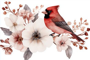 Cardinal perched on floral bouquet, watercolor art design for posters and cards