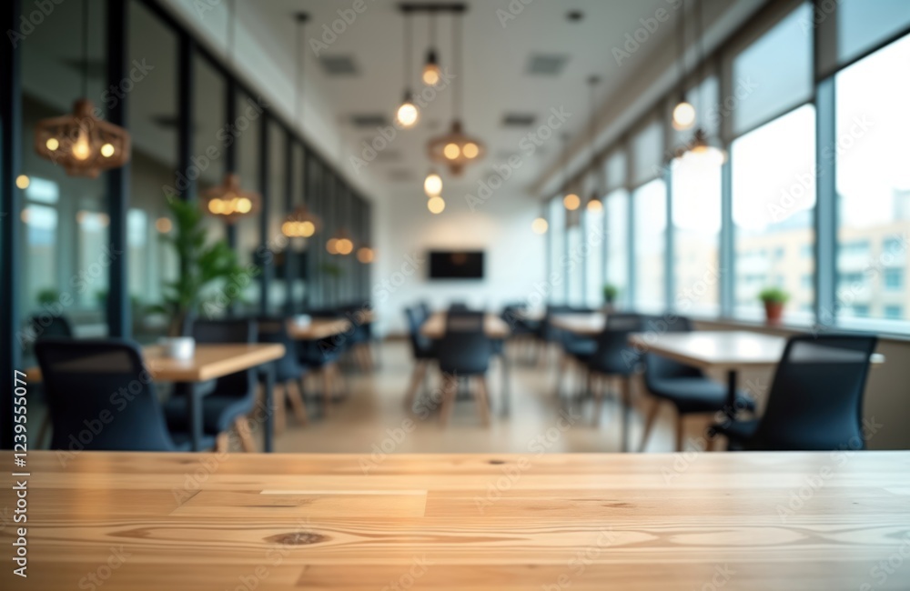 Poster modern interior design of spacious business room with large windows. empty wooden tables, chairs arr