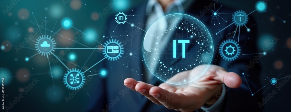 Poster Business person holds virtual consulting screen. Modern tech concept for consulting services, solutions. Person shows network diagram, various tech icons. Business pro displays virtual interface.
