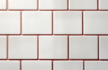 Obraz premium White square tiles with red grout lines form geometric pattern. Clean, modern design. Ideal for backgrounds, interior design, home improvement projects. Minimalist style. Perfect for wall covering,