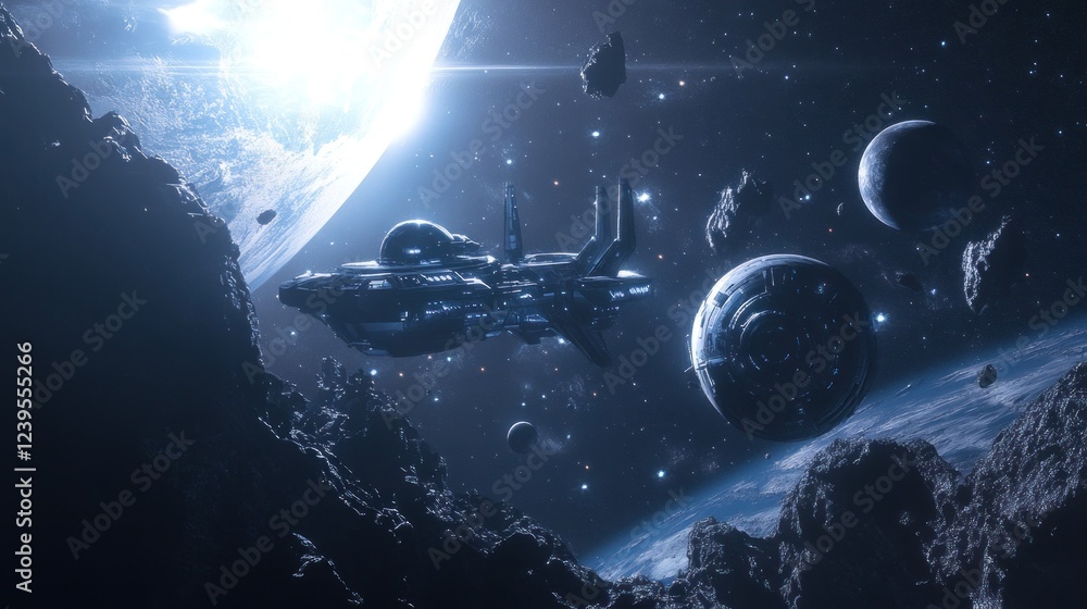 Aufkleber futuristic spacecraft navigating through asteroids in deep space exploration adventure