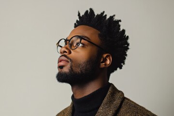 Obraz premium Stylish Young Man with Glasses and Natural Hair Posing Against a Neutral Background