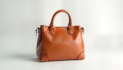Stylish brown leather handbag isolated on white background. Bag metal clasps, handles. Luxury accessory. Perfect for fashion-conscious woman. High-quality leather handbag. Elegant design. Ideal for
