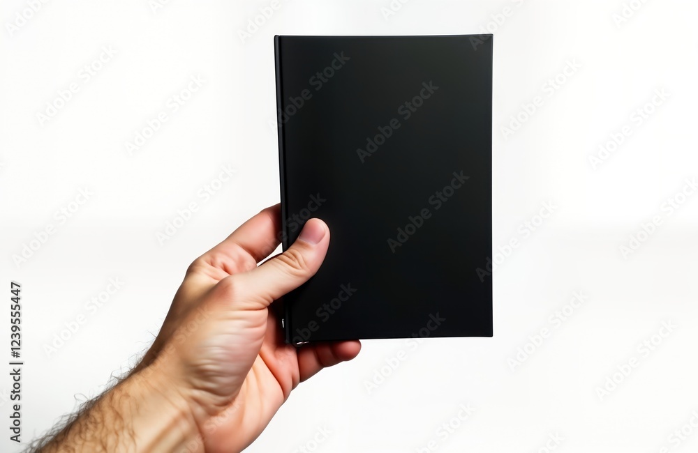 Aufkleber Hand holds blank black book cover. Empty cover ready for custom design. Simple object isolated on white background. Potential use in business education projects. Stylish, modern presentation of empty