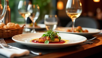 Fine dining experience in fancy restaurant. Exquisite dish with fish meat on plate with sauce, herbs. Elegant tableware, glasses. Upscale restaurant setting. Luxury travel concept. Romantic dinner
