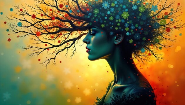 Woman with flower tree head profile. Calm face, symbolic journey. Resilience, personal growth. Mental wellness journey. Reflects struggle. Represents healing. Hopeful transformation, acceptance.