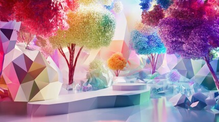 Abstract Landscape with Colorful Polygonal Trees and Reflective Platform