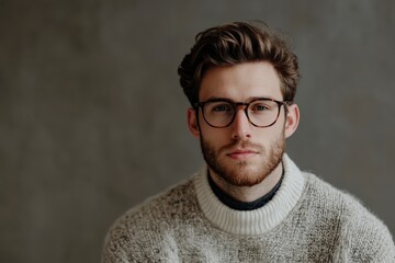 Fototapeta premium Stylish Young Man in Cozy Sweater with Glasses Against a Neutral Background