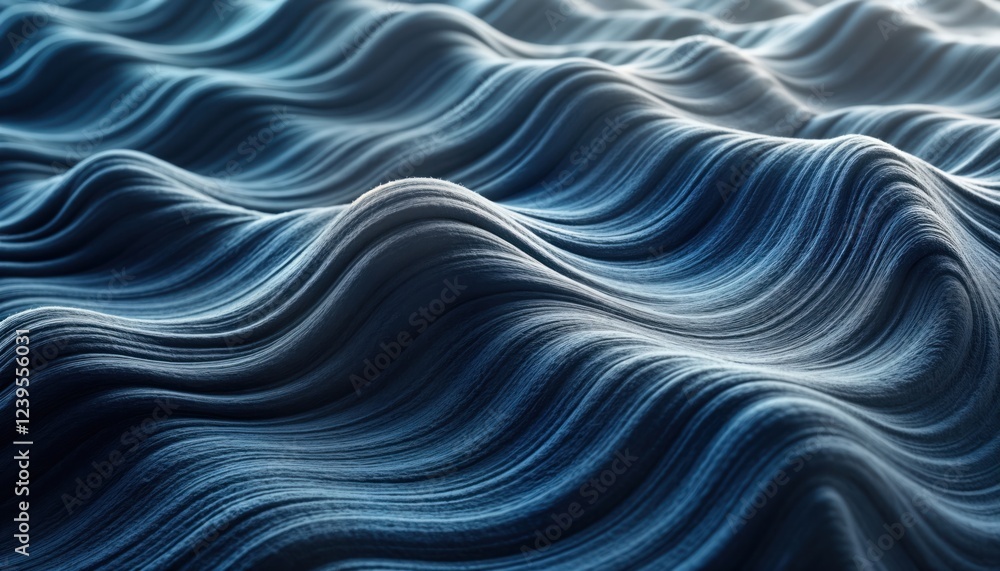 Poster Abstract design featuring smooth flowing curves, swirling lines. Blue tones create dynamic effect suggesting motion, energy. Seamless pattern evokes imagery of water waves smoke. Style suitable for