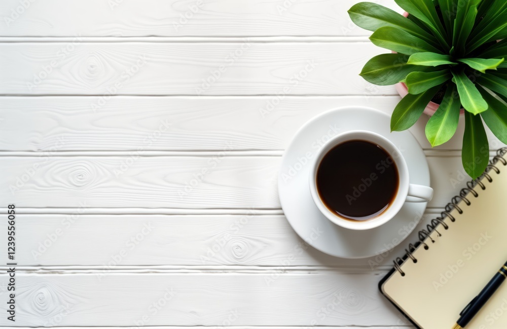Aufkleber White wooden surface with simple design. Coffee cup and plant are positioned on the surface. Notepad and pen are placed next to the cup. Empty space for copy. Simple and clean workplace.