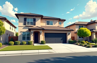 Fototapeta premium Suburban home with black garage door. Modern architecture. Luxurious property in neighborhood. Spacious house on lot with green lawn. Driveway leads to entrance. Residential property for sale