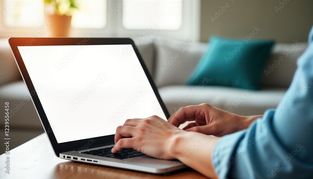 Fototapete person working on laptop indoors. hands type on keyboard. blank screen laptop mockup. office setting