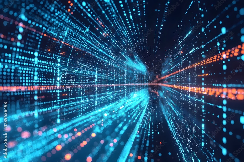 Poster abstract digital data stream tunnel futuristic technology background cyan and orange particles