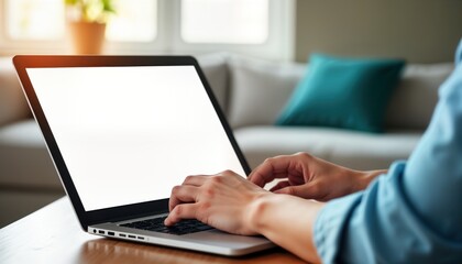 Person working on laptop indoors. Hands type on keyboard. Blank screen laptop mockup. Office setting. Possible home office environment. Modern tech use. Focus on tech tools. Business personal work.