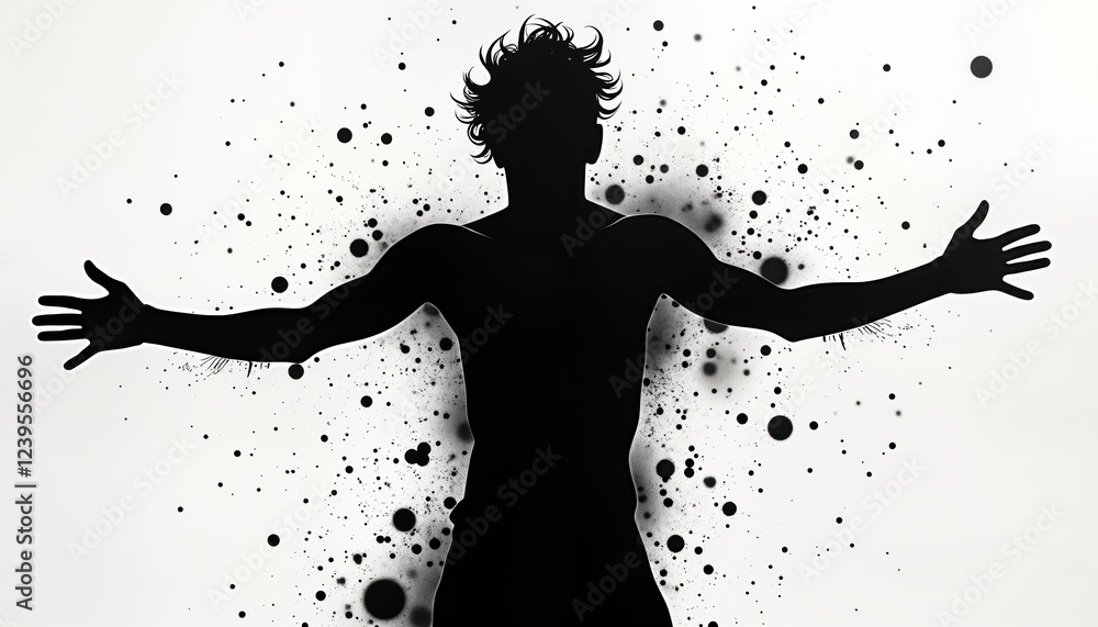Poster abstract black, white silhouette of person with arms outstretched. ink splatter, dots create texture