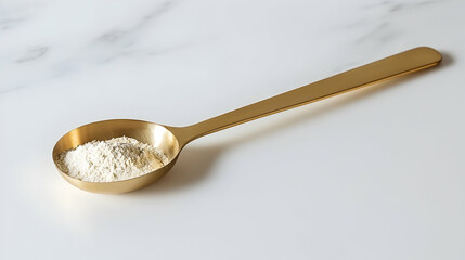 Golden spoon of white powder on marble background, kitchen setting, baking ingredient
