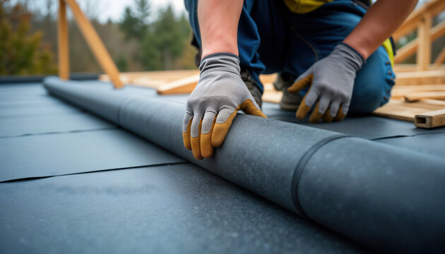 Roofing worker installing waterproofing felt on flat roof. Construction site with worker spreading roofing material. Building maintenance in progress. Industrial work on flat roof surface. Protection