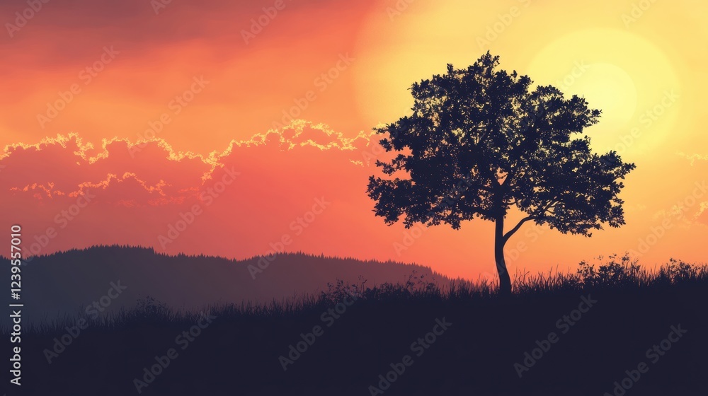 Poster silhouette of a lone tree with vibrant sunset and mountain backdrop in serene landscape. generative 