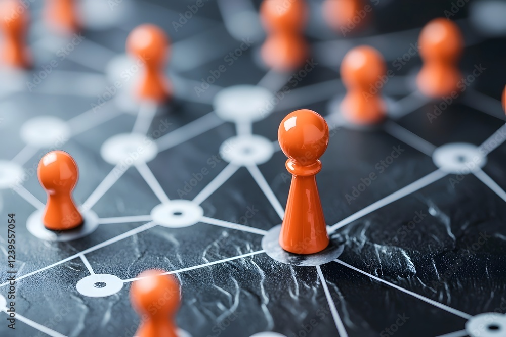 Poster network connection orange game pieces on interconnected nodes
