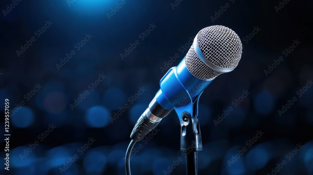 Aufkleber close-up of a blue dynamic microphone against a soft focus background in a performance venue setting