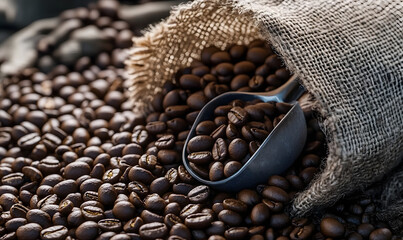 coffee beans with a scoop in a burlap bag, Generative AI
