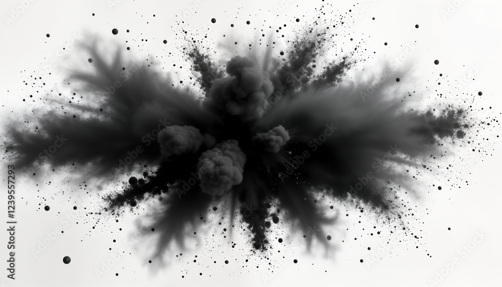 Poster Abstract illustration shows dark powder explosion against white background. Dark particles disperse in air in diverse directions. Powerful burst creates dynamic texture. Isolated design element