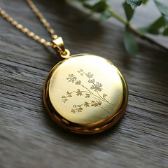 Gold locket pendant with floral etching on wooden surface, nature background, jewelry photography for online shop
