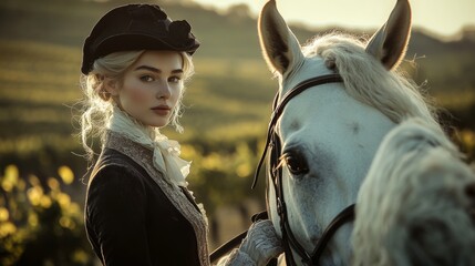 Obraz premium elegant woman with her horse in a wine field in Italy