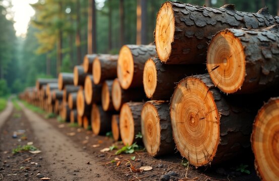 Stacked logs neatly arranged along forest path. Cut trees ready for removal from forest. Image shows process of timber wood industry. Logs rich brown color. Nature, industry blend in image. Logs show