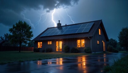 Wooden house with solar panels on roof during thunderstorm. Inside lights shine through windows. Rain falls heavily on roof. Strong lightning flashes in dark sky. Stormy weather. Eco-friendly home.