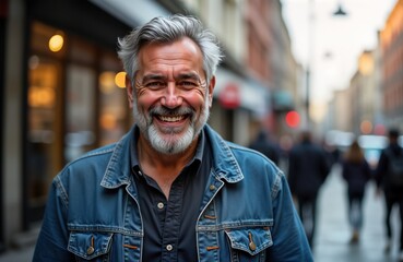 Fototapeta premium Happy mature man with grey beard and mustache smiles at camera while walking city street. Casual clothes stylish man in urban environment. Looks like a tourist enjoying time in city center.