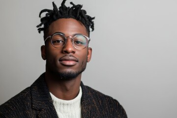 Fototapeta premium Stylish Portrait of a Young Man with Glasses and Natural Hair in a Minimalist Setting