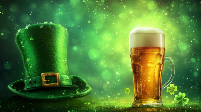 An irish leprechaun hat with a cold beer and shamrocks for St. Patrick's Day festivity