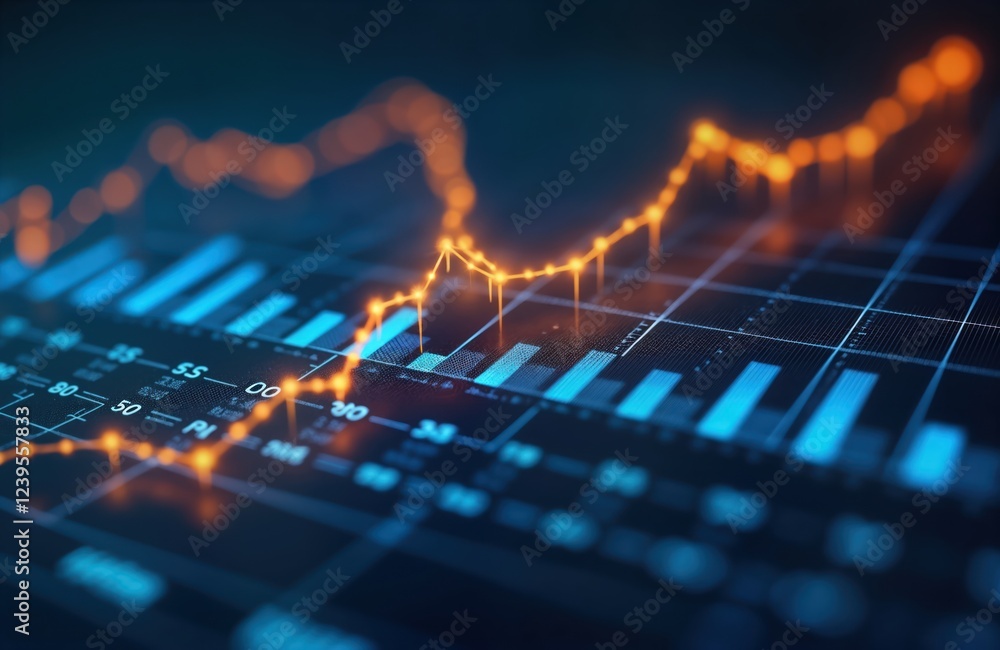 Poster Digital graph chart displays stock market growth. Trend analysis shows investment success. Dynamic glowing lines illustrate upward movement on computer screen. Modern business chart in financial
