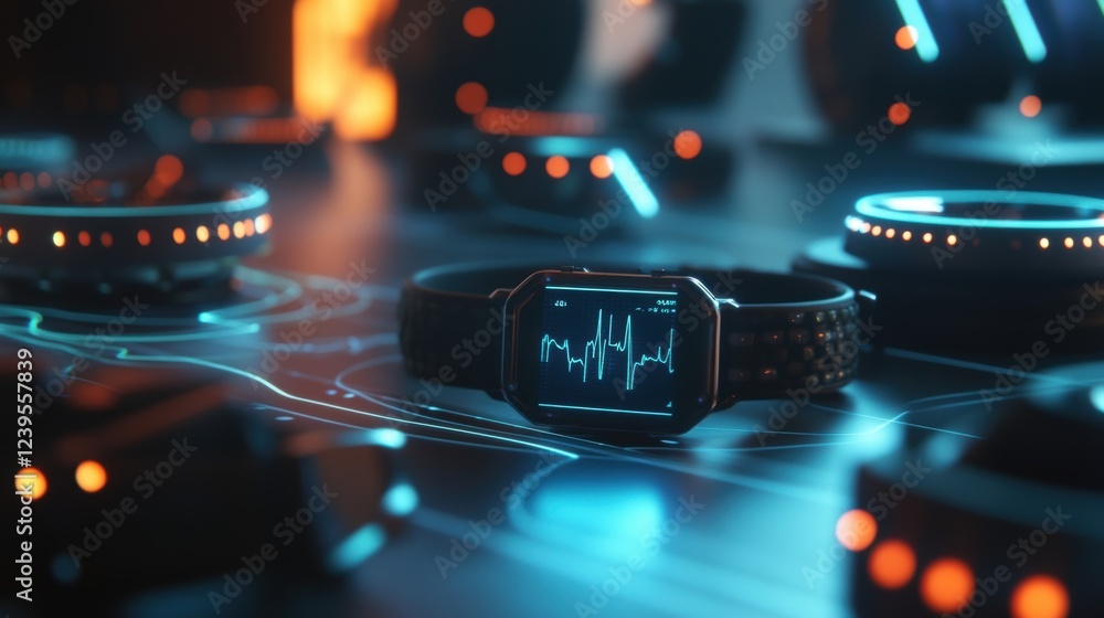 Poster futuristic smartwatch resting on a high tech surface, displaying a heartbeat monitor in an advanced 