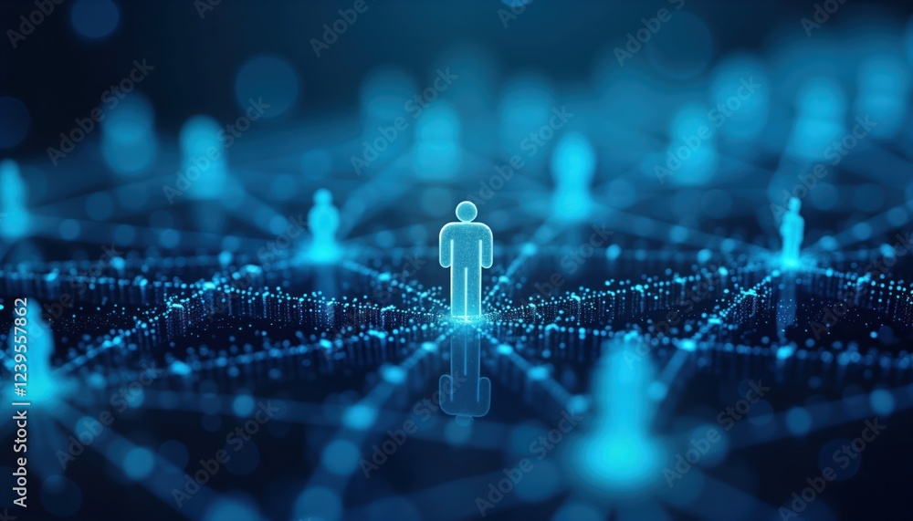 Poster illustration shows central figure connected to many figures in complex network. interconnected nodes