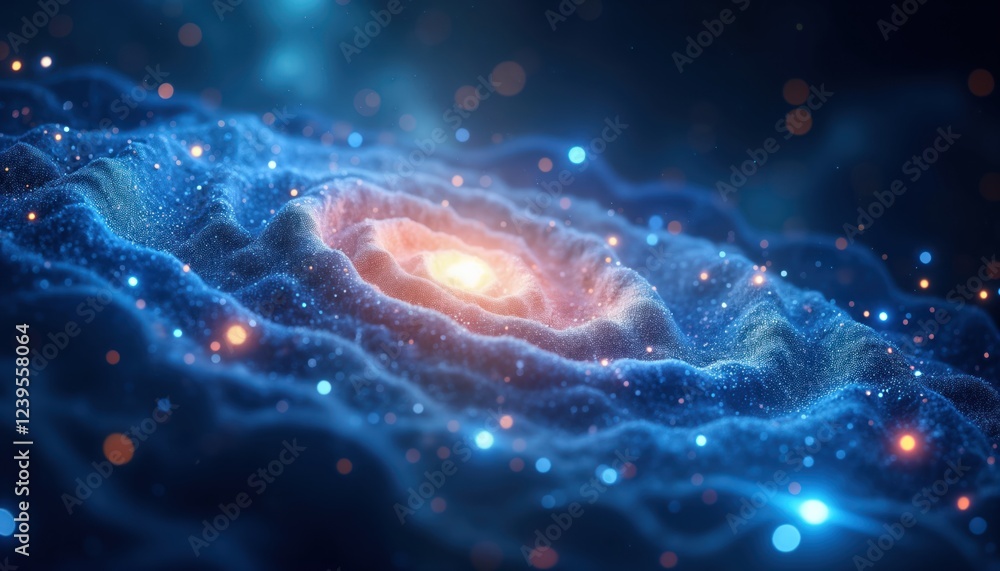 Poster Cosmic blue galaxy swirl with sparkling stars. Ethereal light illuminates deep space nebula. Dynamic abstract design. Science, fantasy combined. Image suitable for space exploration posters,