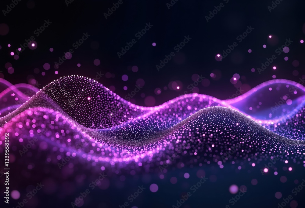 Aufkleber abstract purple waves of glowing dots on black background. dynamic flow, movement. futuristic, moder