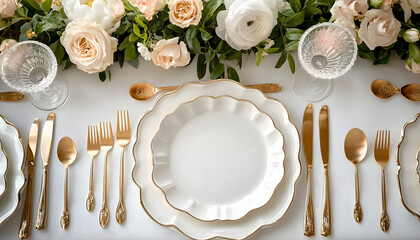 Place setting with white plates and gold cutlery, linen napkin and floral decoration, top view